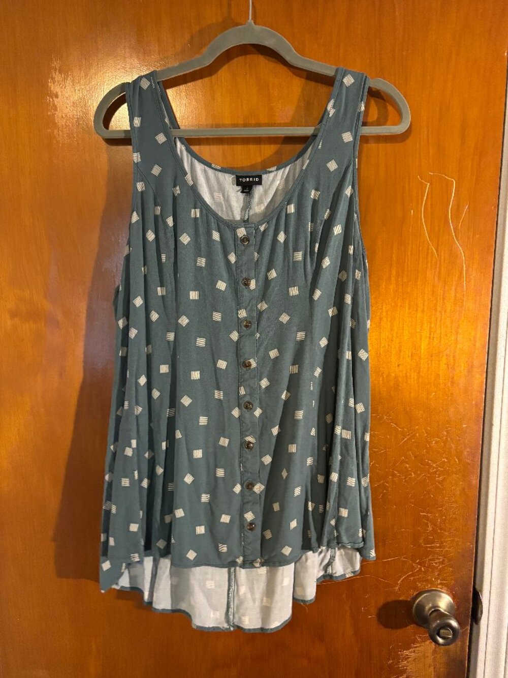 Torrid Teal Blue Geometric Square Print High-Low Button Front Tank Top Size 2X